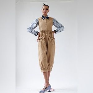 Batsheva bow-pocket jumpsuit in tan twill